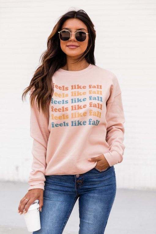 Budget 🔔 Pink Lily Feels Like Fall Peach Graphic Sweatshirt 😍 -Tees Shop