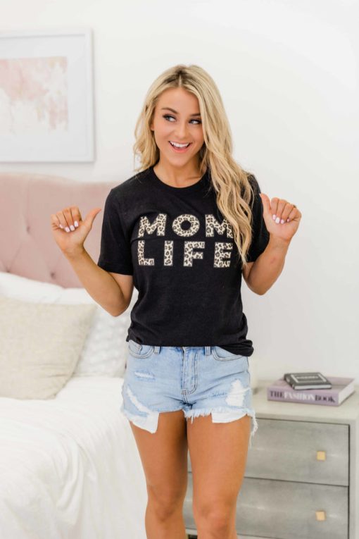 Deals 🎉 Pink Lily Animal Print Mom Life Graphic Black Tee ✨ -Tees Shop