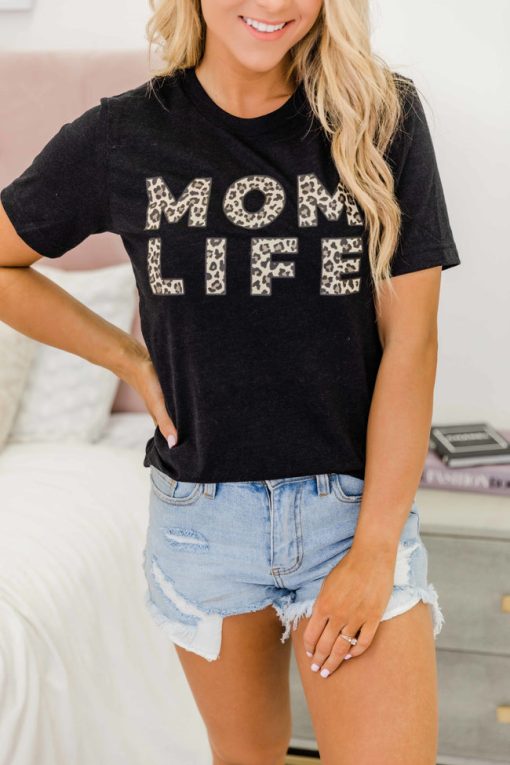 Deals 🎉 Pink Lily Animal Print Mom Life Graphic Black Tee ✨ -Tees Shop