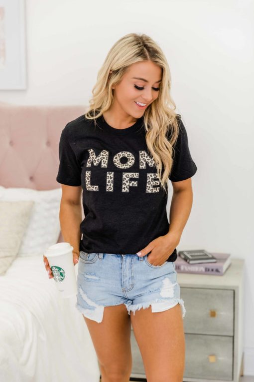 Deals 🎉 Pink Lily Animal Print Mom Life Graphic Black Tee ✨ -Tees Shop