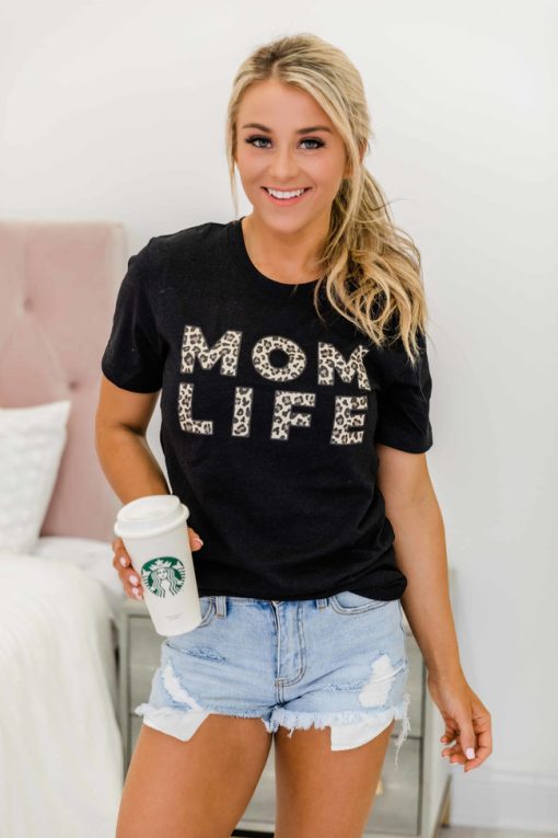 Deals 🎉 Pink Lily Animal Print Mom Life Graphic Black Tee ✨ -Tees Shop