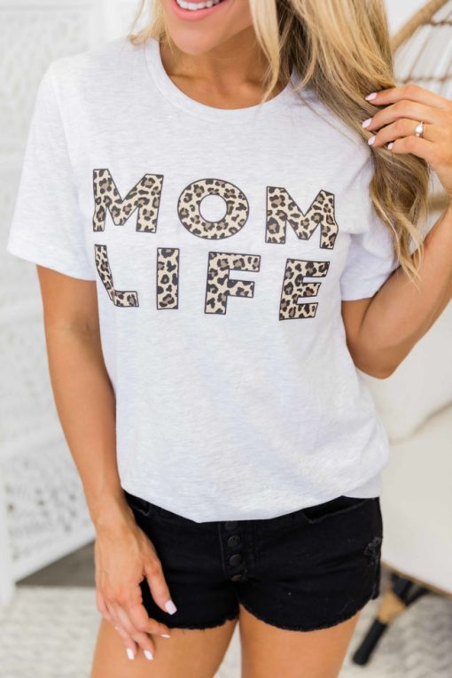 Budget 🔥 Pink Lily Mom Life Leopard Print Design Graphic Tee Ash 🛒 -Tees Shop