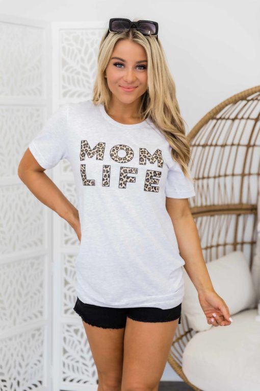 Budget 🔥 Pink Lily Mom Life Leopard Print Design Graphic Tee Ash 🛒 -Tees Shop