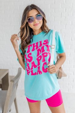 Budget 🛒 Pink Lily This Is My Happy Place Mint Graphic Tee 🎉 -Tees Shop 219A0123 650x