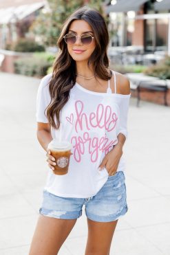 Best Pirce 🥰 Pink Lily Hello Gorgeous White Graphic Slouchy Tee ⭐ -Tees Shop 219A0145 650x