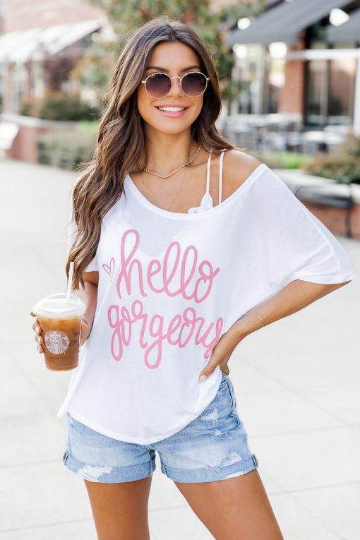 Best Pirce 🥰 Pink Lily Hello Gorgeous White Graphic Slouchy Tee ⭐ -Tees Shop