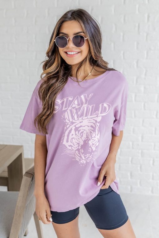 Flash Sale ⌛ Pink Lily Stay Wild Tiger Plum Oversized Graphic Tee 😉 -Tees Shop