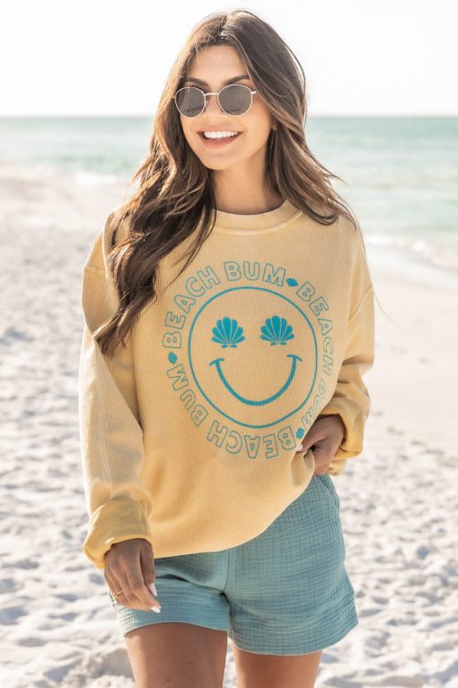 Cheapest 🎉 Pink Lily Beach Bum Shell Smiley Gold Corded Graphic Sweatshirt 👏 -Tees Shop