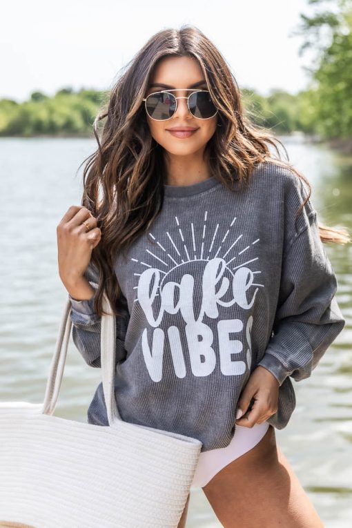 Best reviews of 😉 Pink Lily Lake Vibes Charcoal Corded Graphic Sweatshirt 🧨 -Tees Shop