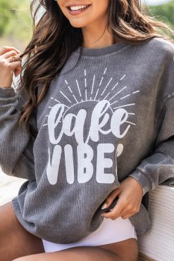 Best reviews of 😉 Pink Lily Lake Vibes Charcoal Corded Graphic Sweatshirt 🧨 -Tees Shop 219A1782 650x