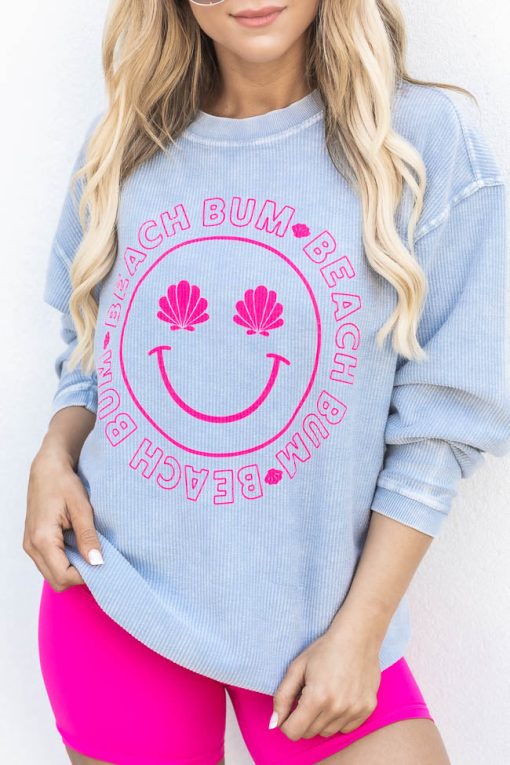 Best reviews of ✨ Pink Lily Beach Bum Shell Smiley Faded Denim Corded Graphic Sweatshirt 🌟 -Tees Shop