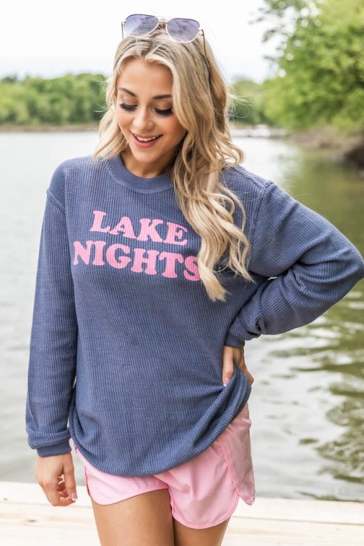 Best Sale 🎉 Pink Lily Lake Nights Navy Corded Graphic Sweatshirt ⭐ -Tees Shop