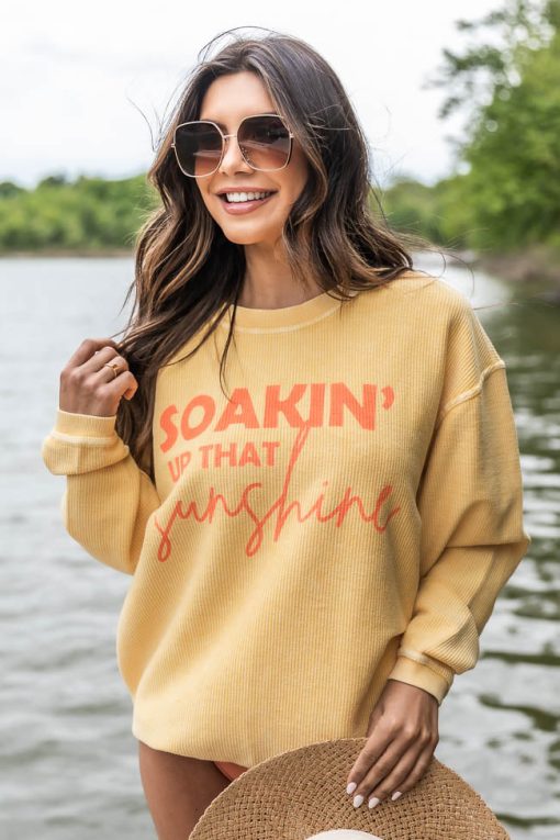 Outlet 🌟 Pink Lily Soakin' Up That Sunshine Gold Corded Graphic Sweatshirt 🔔 -Tees Shop