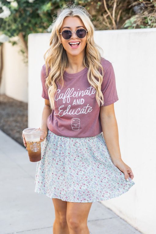 Budget 😍 Pink Lily Caffeinate And Educate Mauve Graphic Tee 👍 -Tees Shop