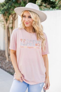 Flash Sale 😉 Pink Lily Teacher Love And Care Peach Graphic Tee 🤩 -Tees Shop 219A2371 650x