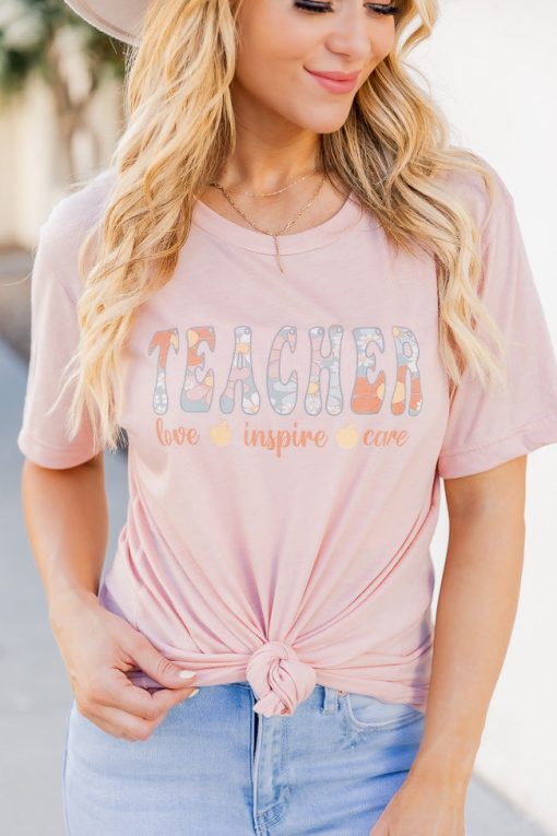 Flash Sale 😉 Pink Lily Teacher Love And Care Peach Graphic Tee 🤩 -Tees Shop 219A2381 78e870e4 3c2b 4c44 a37b