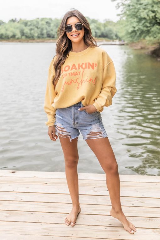 Outlet 🌟 Pink Lily Soakin' Up That Sunshine Gold Corded Graphic Sweatshirt 🔔 -Tees Shop 219A2383 5fe33fad a3bb 4899 a010