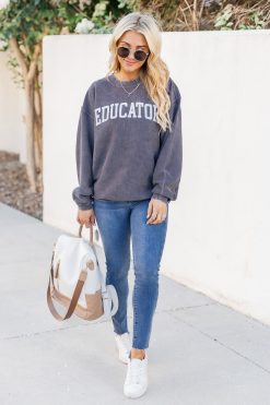 New 🥰 Pink Lily Educator Charcoal Corded Graphic Sweatshirt ✔️ -Tees Shop 219A2398 650x