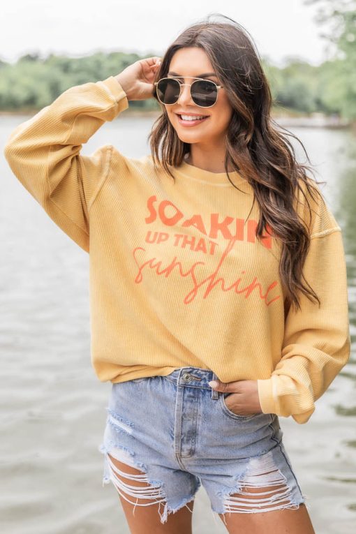 Outlet 🌟 Pink Lily Soakin' Up That Sunshine Gold Corded Graphic Sweatshirt 🔔 -Tees Shop