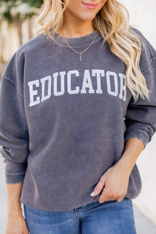 New 🥰 Pink Lily Educator Charcoal Corded Graphic Sweatshirt ✔️ -Tees Shop