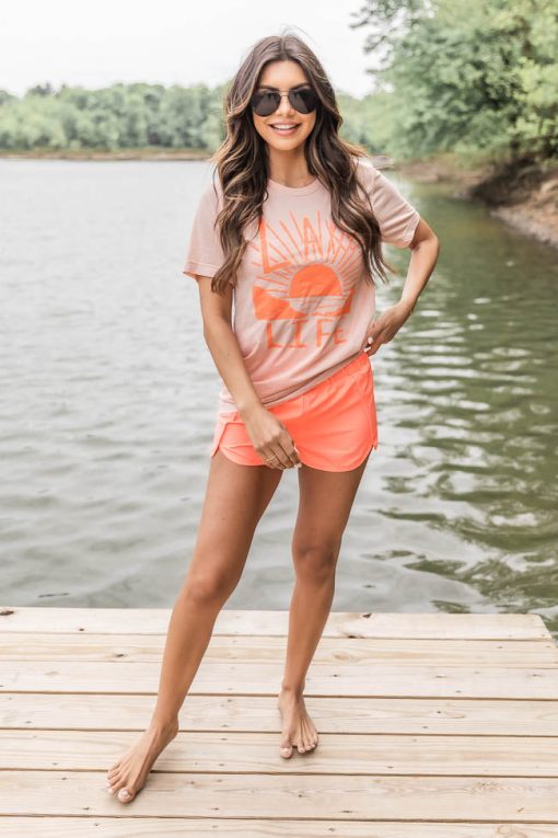 Buy 🧨 Pink Lily Distressed Lake Life Scene Peach Graphic Tee ❤️ -Tees Shop