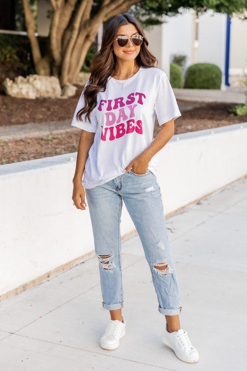 Buy 🎁 Pink Lily First Day Vibes White Graphic Tee 😍 -Tees Shop