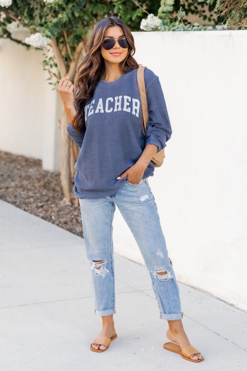 Brand new 😉 Pink Lily Teacher Block Navy Corded Graphic Sweatshirt 😍 -Tees Shop