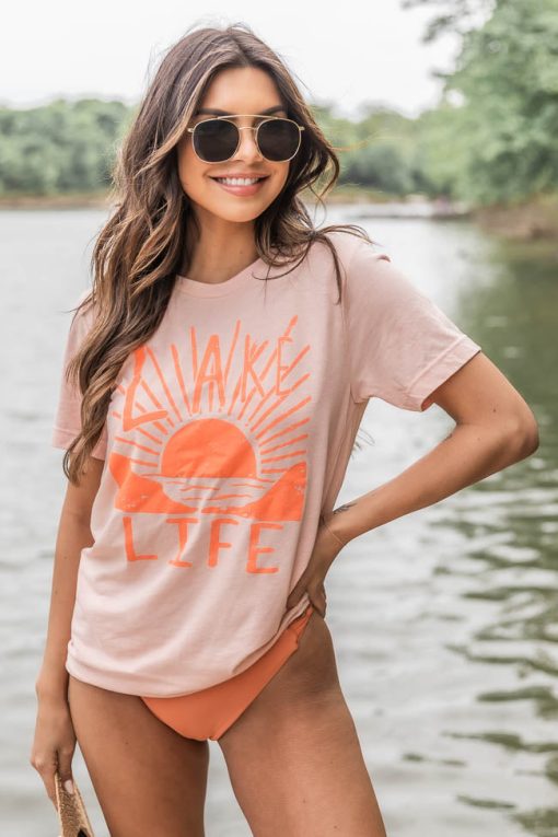 Buy 🧨 Pink Lily Distressed Lake Life Scene Peach Graphic Tee ❤️ -Tees Shop