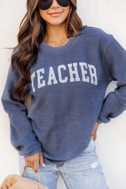 Brand new 😉 Pink Lily Teacher Block Navy Corded Graphic Sweatshirt 😍 -Tees Shop