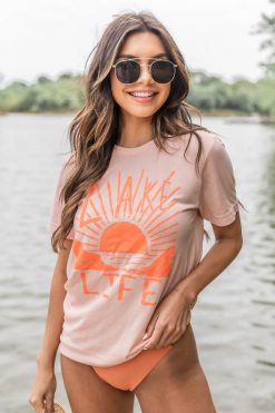 Buy 🧨 Pink Lily Distressed Lake Life Scene Peach Graphic Tee ❤️ -Tees Shop 219A2521 650x