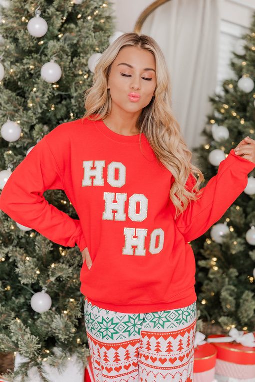 Cheapest ⭐ Pink Lily Ho Ho Ho Chenille Patch Graphic Sweatshirt 🥰 -Tees Shop