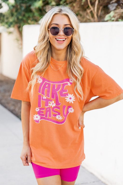 Flash Sale 💯 Pink Lily Take It Easy Burnt Orange Graphic Tee 🌟 -Tees Shop