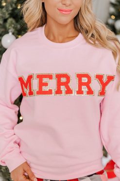 Buy 🤩 Pink Lily Merry Red Chenille Patch Graphic Sweatshirt ❤️ -Tees Shop 219A2546 650x