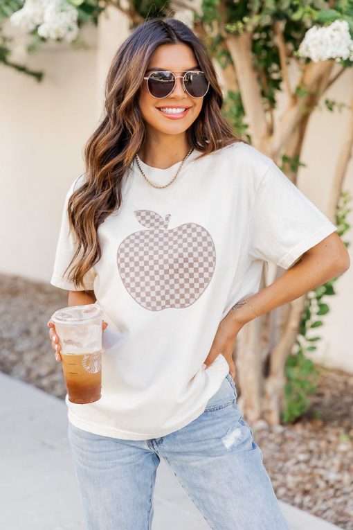 Budget 💯 Pink Lily Checkered Apple Ivory Graphic Tee ⭐ -Tees Shop