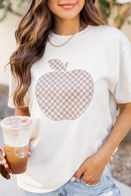 Budget 💯 Pink Lily Checkered Apple Ivory Graphic Tee ⭐ -Tees Shop