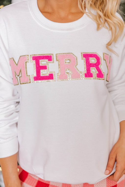 Best Sale 🛒 Pink Lily Merry Pink Chenille Patch Graphic Sweatshirt 😍 -Tees Shop