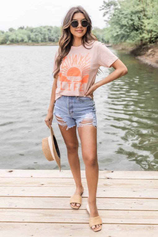 Buy 🧨 Pink Lily Distressed Lake Life Scene Peach Graphic Tee ❤️ -Tees Shop