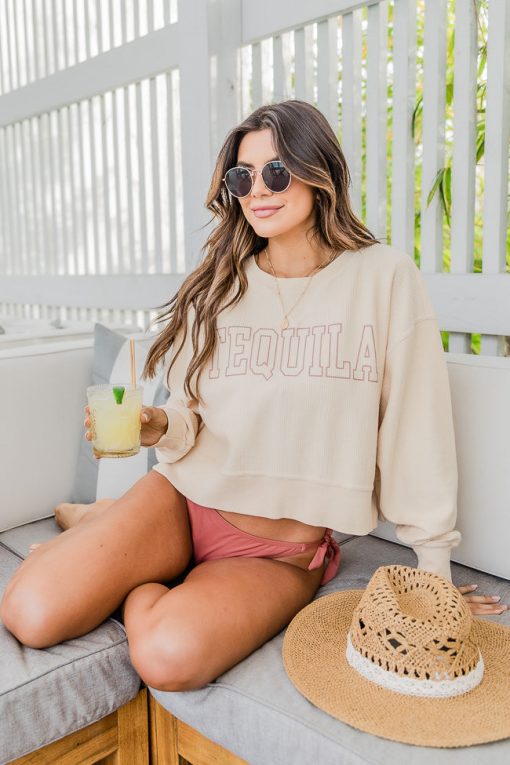 Outlet ✔️ Pink Lily Tequila Block Cropped Corded Graphic Cream Sweatshirt 🤩 -Tees Shop