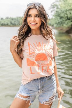 Buy 🧨 Pink Lily Distressed Lake Life Scene Peach Graphic Tee ❤️ -Tees Shop 219A2582 650x