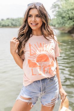 Buy 🧨 Pink Lily Distressed Lake Life Scene Peach Graphic Tee ❤️ -Tees Shop 219A2583 650x