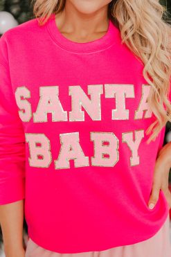 Wholesale 🔥 Pink Lily Santa Baby Pink Chenille Patch Graphic Sweatshirt 🎉 -Tees Shop 219A2588 650x