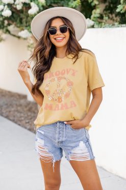 Budget 🎉 Pink Lily Groovy Mama Mustard Graphic Tee 🎁 -Tees Shop 219A2606 650x