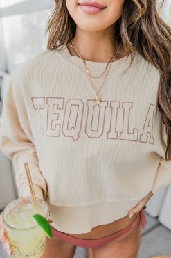 Outlet ✔️ Pink Lily Tequila Block Cropped Corded Graphic Cream Sweatshirt 🤩 -Tees Shop 219A2607 650x