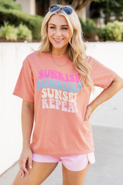 Best Sale ✔️ Pink Lily Sunrise, Sunburn, Sunset, Repeat Graphic Terracotta Tee 👏 -Tees Shop 219A2627 650x