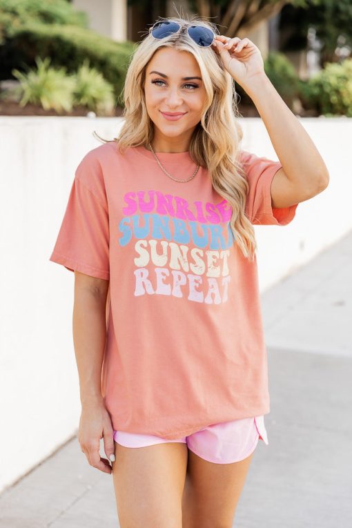 Best Sale ✔️ Pink Lily Sunrise, Sunburn, Sunset, Repeat Graphic Terracotta Tee 👏 -Tees Shop