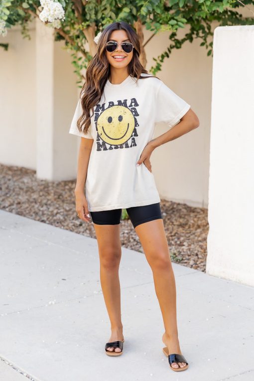 Outlet 😉 Pink Lily Mama Smiley Repeat Ivory Graphic Tee 🧨 -Tees Shop