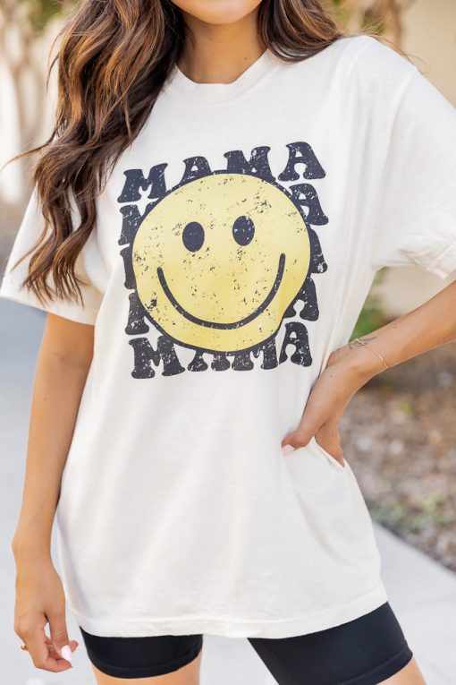 Outlet 😉 Pink Lily Mama Smiley Repeat Ivory Graphic Tee 🧨 -Tees Shop