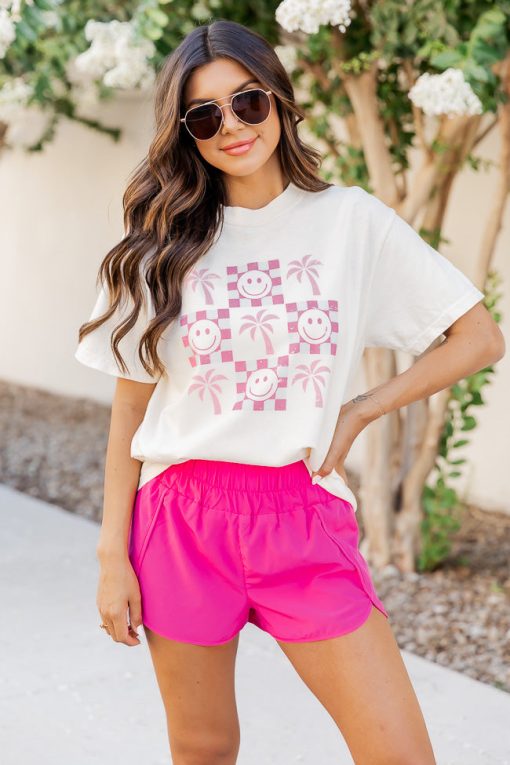 Deals ✨ Pink Lily Palm Tree Smiley Ivory Graphic Tee 🔔 -Tees Shop