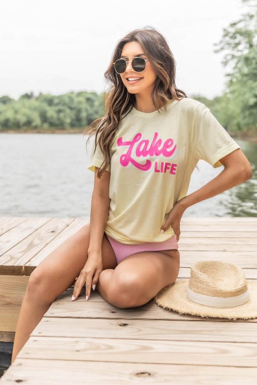 Best Sale 🥰 Pink Lily Lake Life Multi Pale Yellow Triblend Tee 💯 -Tees Shop