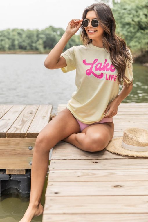 Best Sale 🥰 Pink Lily Lake Life Multi Pale Yellow Triblend Tee 💯 -Tees Shop